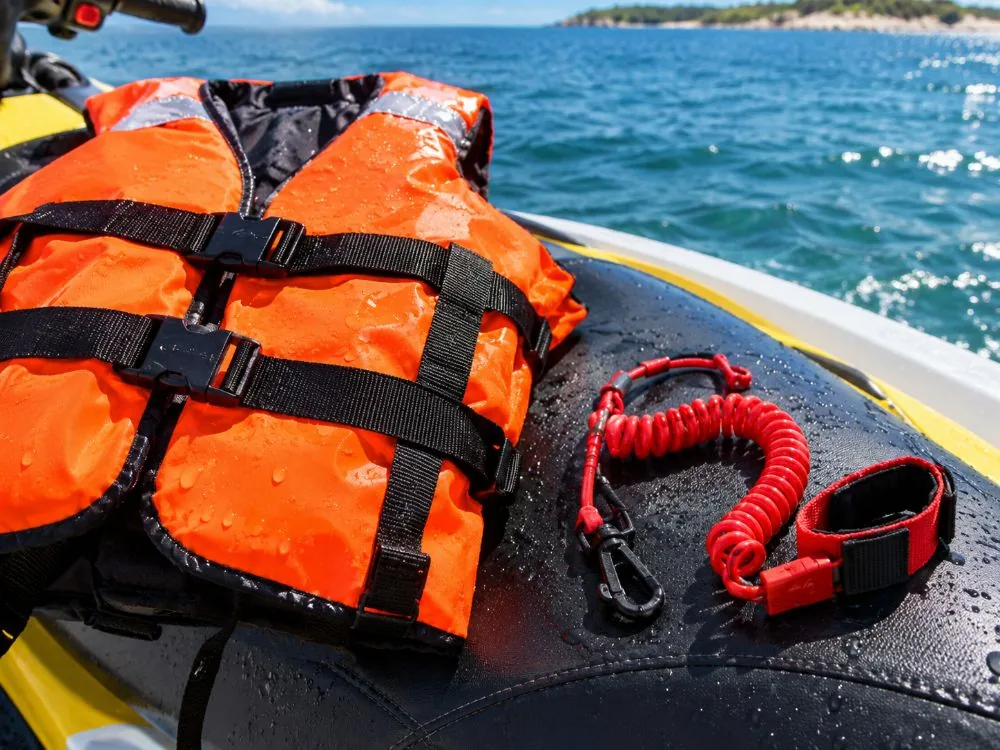 Eine orangefarbene Schwimmweste und eine rote Notaus-Reißleine auf dem Sitz eines Jetskis