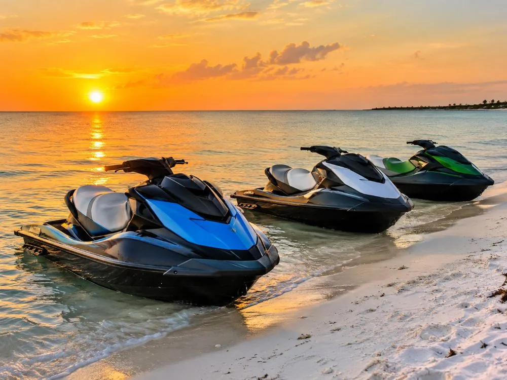 Drei Jetskis am weißen Sandstrand zur goldenen Stunde